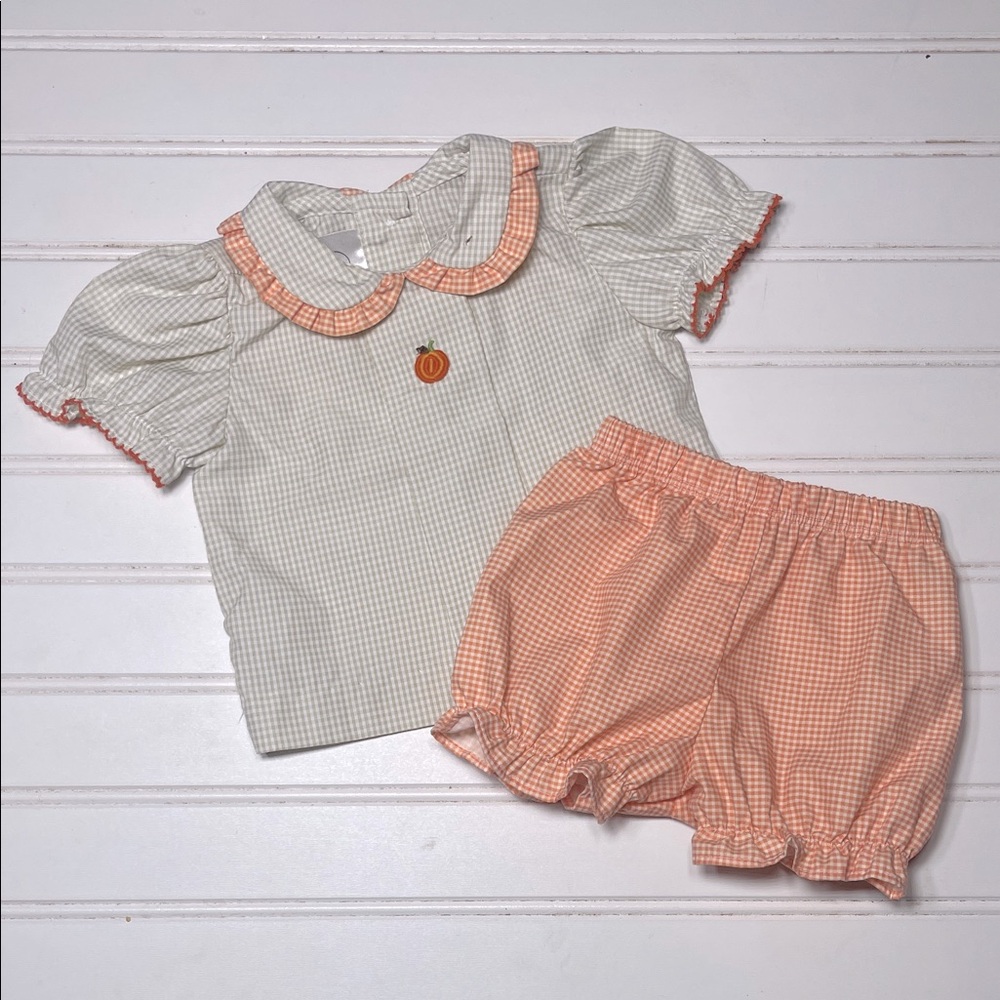 NWOT Adorable Girls Classic Fall Gingham Peter Pan Collar Pumpkin Bloomer Set